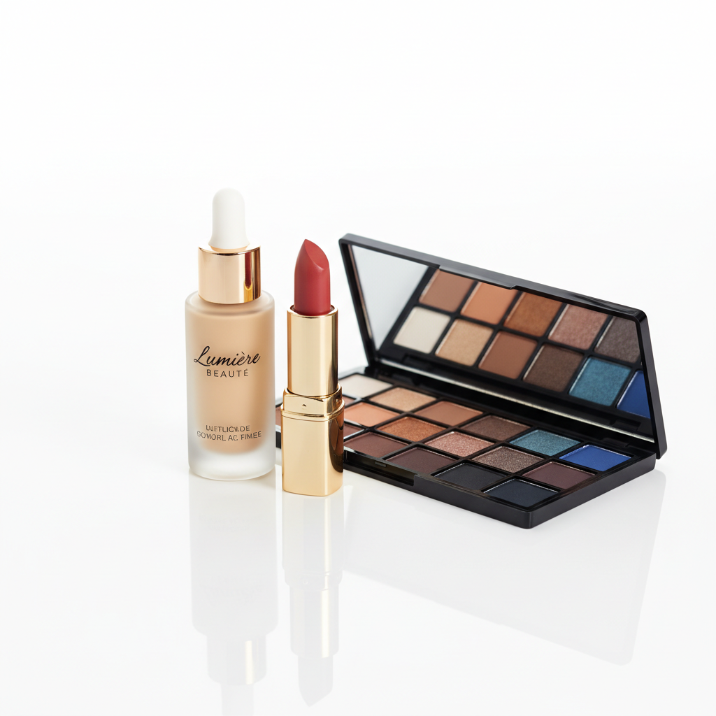 Premium everyday makeup collection with lipstick, foundation, and eyeshadow palette